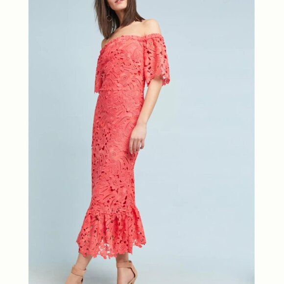 Shoshanna Size 6 Anthropologie Venetian Off the Shoulder Lace Pink Dress